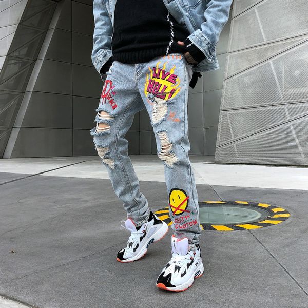 

ewq / мужская одежда tide hip-hop ripped cut slim blue jeans мужской 2020 весна лето новый ins graffiti print джинсовые брюки мужской 9y1779