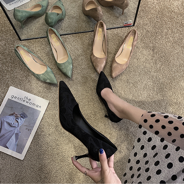 

2020 women's high heels bridal party mid heel heel pointed shallow mouth high heels working women's shoes plus size, Black