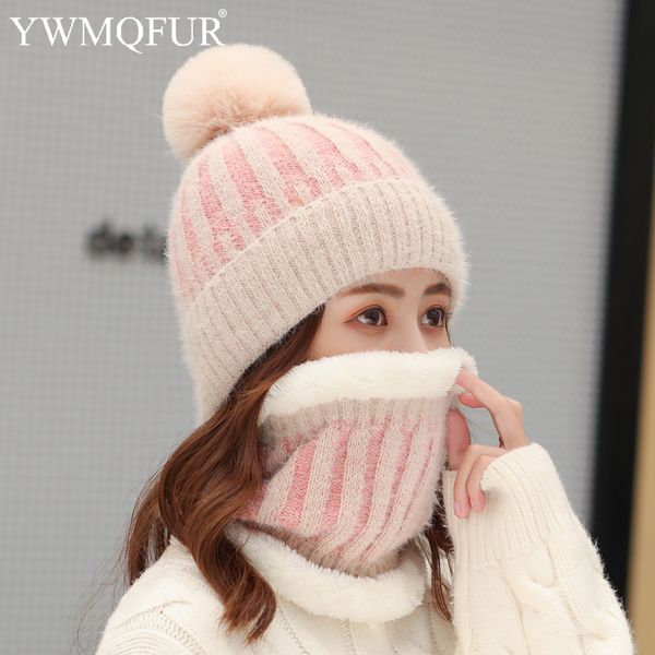 

winter imitation mink stripe women's hat scarf sets female beanies caps with artificial fur pompom thick warm lady hats, Blue;gray