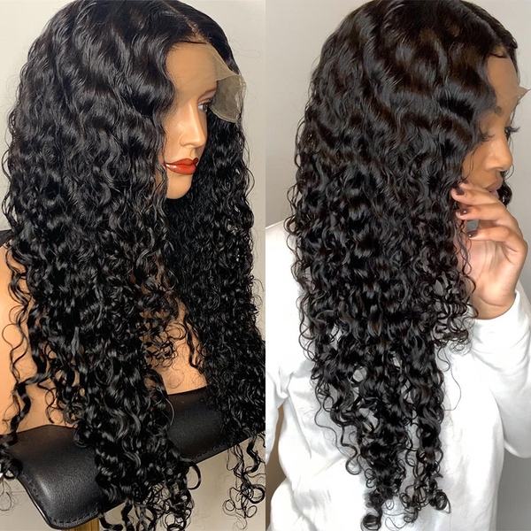 

13x4 lace front wig water wave lace front human hair wigs pre plucked natural hairline 13x4 lemoda malaysian remy hair wig, Black;brown