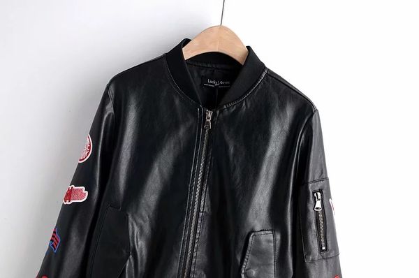 

export 2019 new style women's jacket stand collar zipper baseball uniform cropped jacket leather coat, Black;brown
