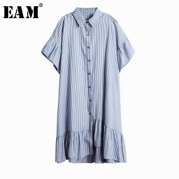 

eam] women blue striped ruffles irregular long shirt dress new lapel half sleeve loose fit fashion spring summer 2020 1w352, Black;gray