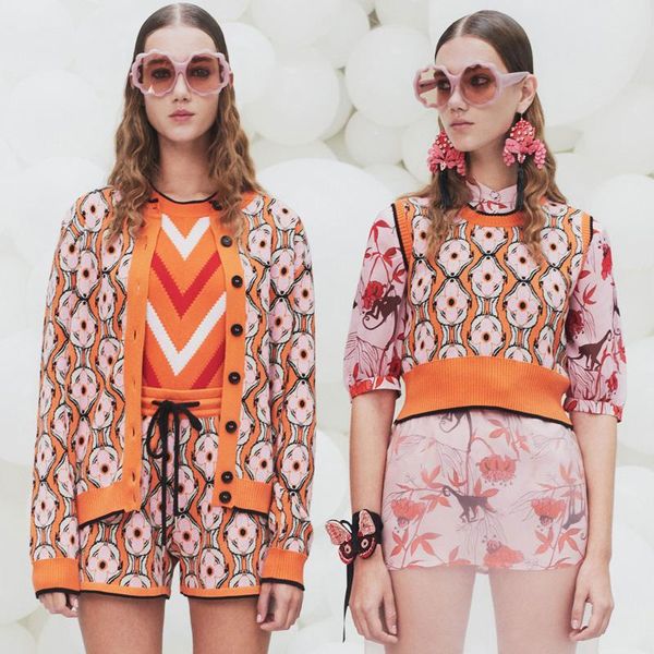 

chic sweater 3 piece set women tracksuits runway designer flora pattern twinset knitted jacket vest shorts suits orange female famous, Gray