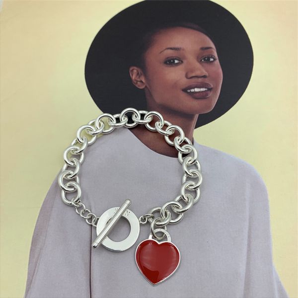 

shinetung 100% s925 sterling silver circle clavicle chain heart-shaped epoxy red bracelet girl high-end jewelry, Black