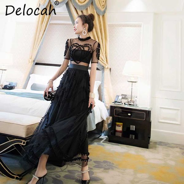 

delocah 2019 new women summer dress runway fashion designer short sleeve appliques mesh overlay vintage party long dresses, Black;gray