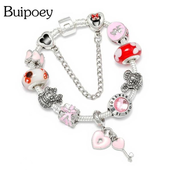 

buipoey pink heart lock key charms bracelets for women beaded fine fashion bracelet original childen jewelry gift, Golden;silver