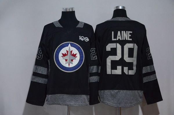 

100th black 29 patrik laine winnipeg jets hockey jersey for men all stiched in stock ing, Black;red
