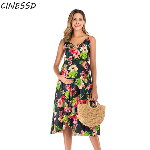 

maternity dresses sling print dress women casual sleeveless v-neck for pregnant pography props floral pregnancy clothes plus, White