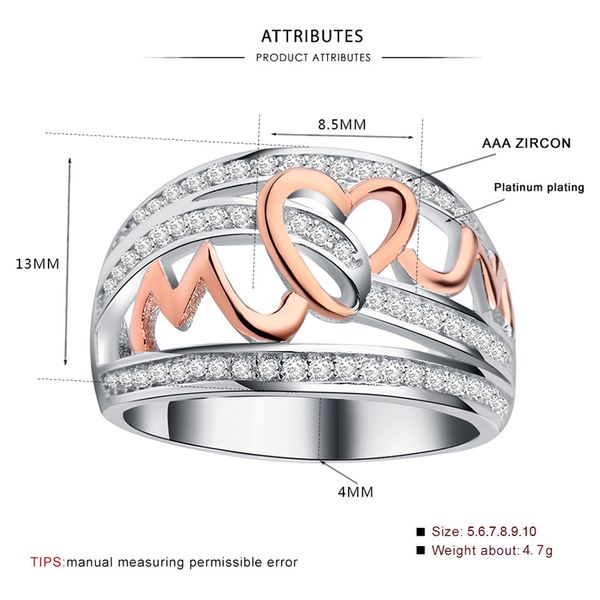 

european creative love mom ring plated rose gold color m letters heart women rings mother's day gifts us size 6-10 anel feminino, Silver