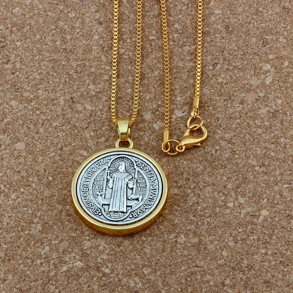 

2pcs st benedict cross medal charm pendant necklaces 23.6inches 32.3x27.9mm pendant antique gold a-557d, Silver