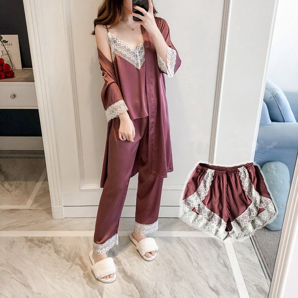 

lady satin comfortable sleepwear 4pcs pajamas pyjamas suit strap+pant+robe sleep set long sleeve nightwear lace trim home shirt, Blue;gray