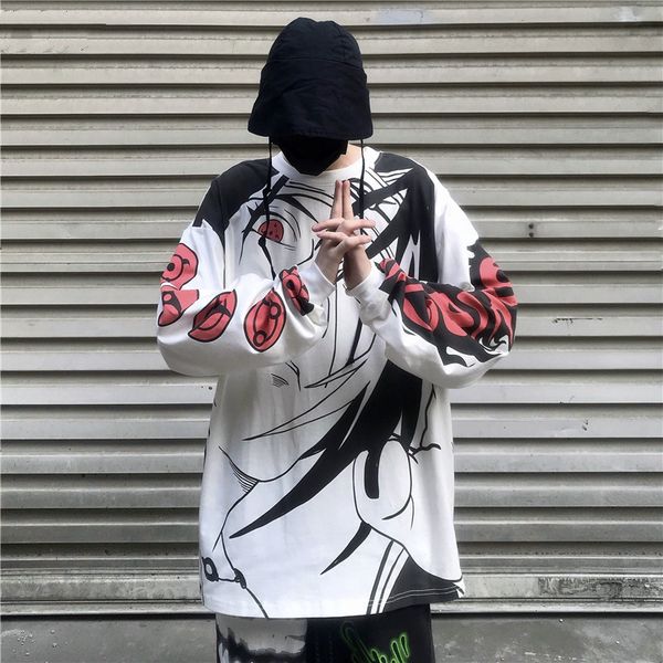 

naruto uchiha japanese anime streetwear hip hop t-shirt fashion print men's tshirt long sleeve harajuku casual t shirt, White;black