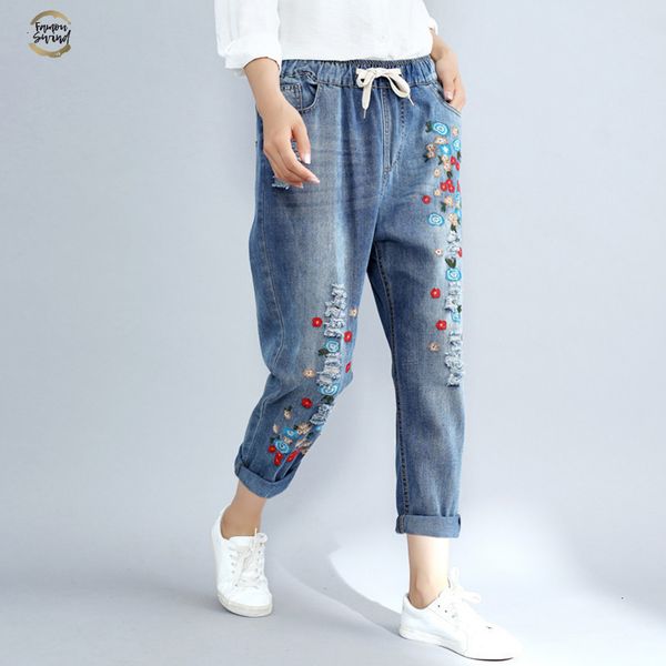 

size plus 3xl floral embroidery boyfriend ripped jeans for women harem pants lace up drawstring denim jeans vaqueros mujer c4304, Blue