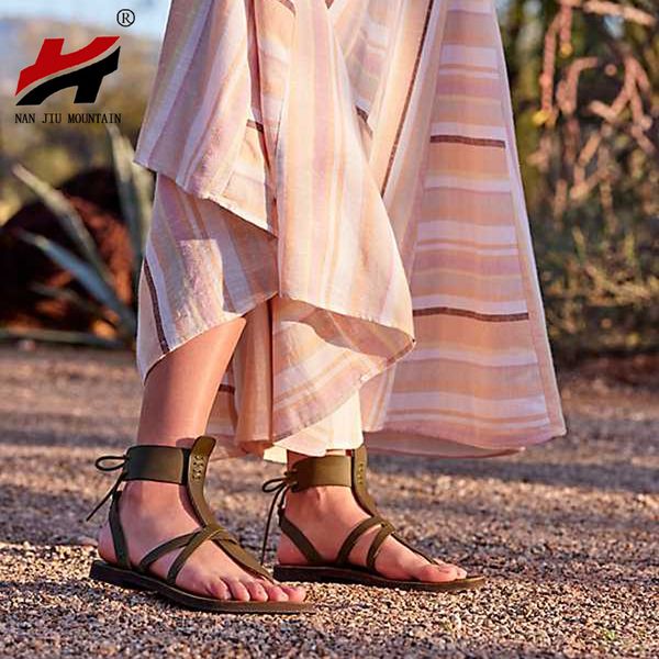 

nan jiu mountain 2020 women flat sandals summer casual beach sandals flip flops lace up women's solid color shoes plus size, Black