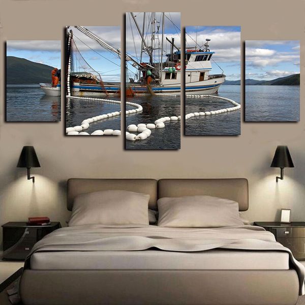 

5 panels pictures paintings on canvas wall art sailing fishing boat seascape giclee canvas prints and posters artwork