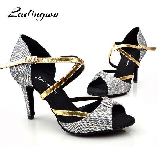 

2018 new salsa dance shoes latin woman glitter and pu silver gray for women dance shoes ladies party ballroom sandal