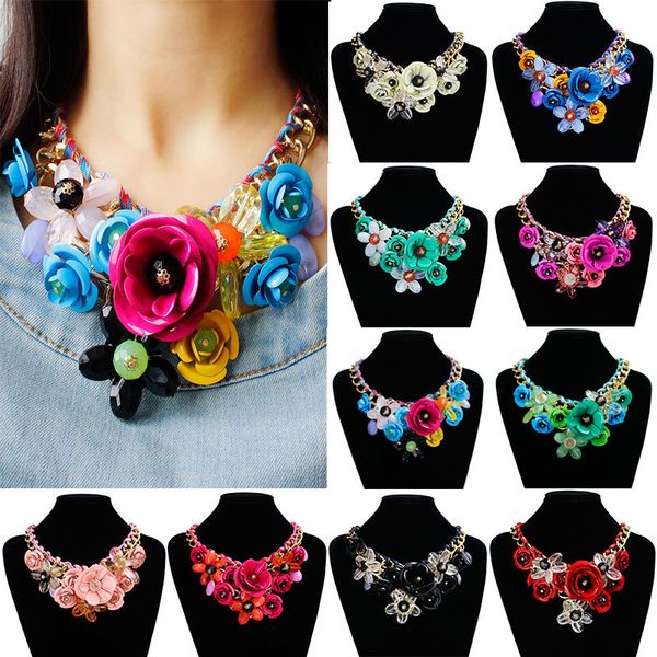 

brand designer pendant necklaces rose flower gemstone resin beaded choker statement necklace for women wedding party gift lady short jewelry, Silver