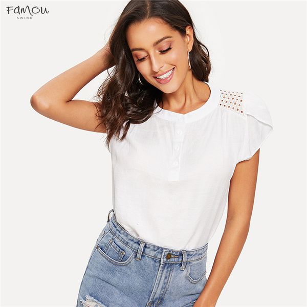 

Embroidered Panel Blouse 2019 Button Polyester Band Collar Cap Sleeve Eyelet Top Women Casual Petal Sleeve Blouse