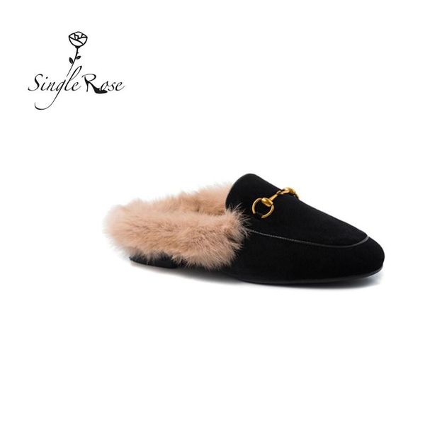 

single rose autumn winter quality designer loafers women warm slippers fur metal plus cotton shoes, Black