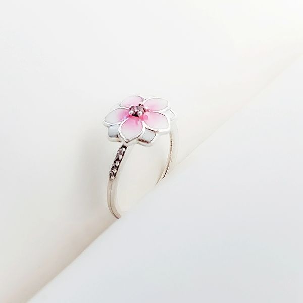 Atacado-Magnolia Anéis rosa Handmade Epoxy prata esterlina 925 com caixa para anéis do presente de aniversário jóias Pandora da Mulher