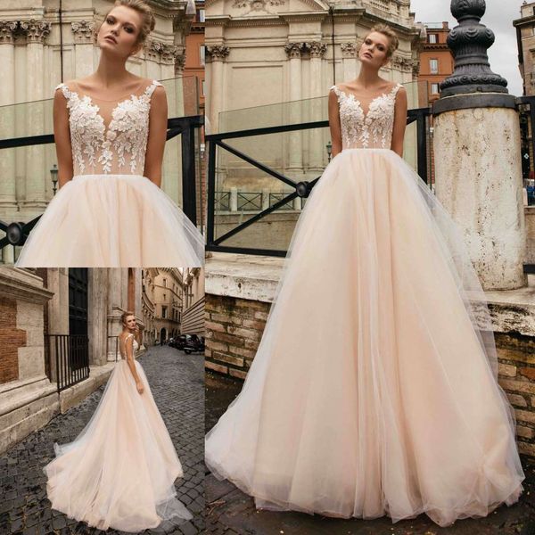 

berta 2019 champagne wedding dresses jewel neck lace appliques sleeveless beach boho bridal gowns sweep train bohemia a line wedding dress, White
