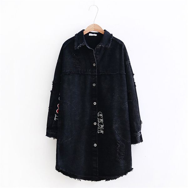 

мода большой размер женщин длинные плащи 2019 весна осень новый плюс размер свободный корейский hole denim пальто черный верхняя одежда a305, Tan;black