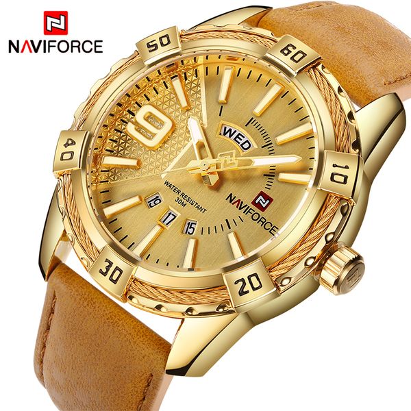 

naviforce men leather gold watch men's quartz date clock man sports waterproof wrist watches relogio masculino, Slivery;brown