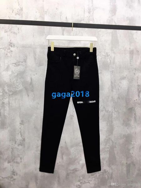 

high end женщины девушки черные джинсовые брюки джинсы череп письмо мотив тощий тонкий карандаш брюки высокое качество милан мода дизайн рос, Black;white
