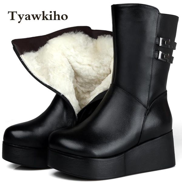 

tyawkiho winter snow boots black genuine leather mid calf boots warm fur insole  cm wedge heel plus size motorcycle