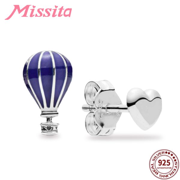 

missita 100% 925 sterling silver air balloon & heart earrings for women silver jewelry brand anniversary stud earrings hot, Golden;silver