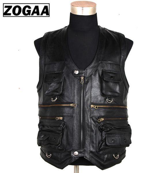 

zogaa new men's waistcoat genuine leather reporters suit more than pocket quinquagenarian men cow leather vest, Black;white