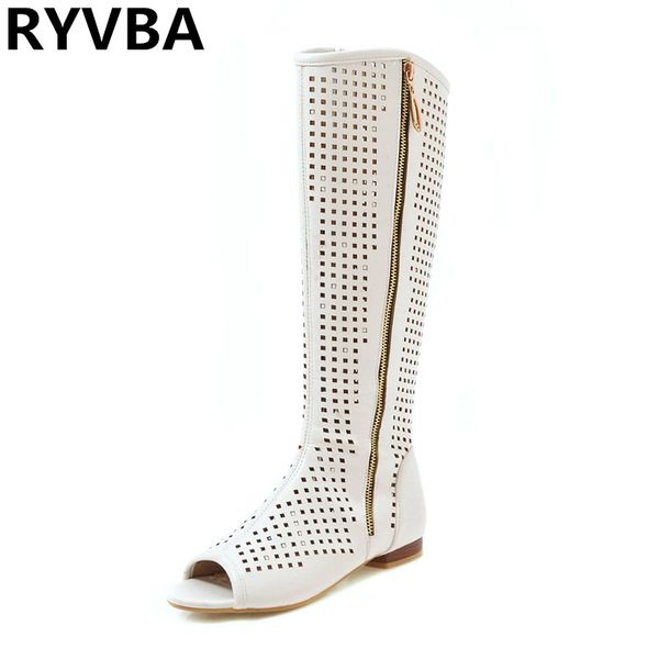 

ryvba woman fashion cut outs summer thigh high boots for women knee high boots shoes white sandals sandalias mujer 2019 peep toe, Black