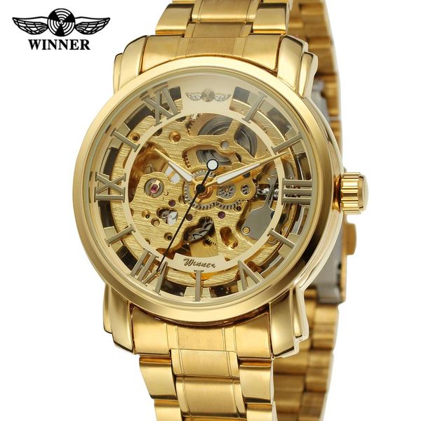 

winner fashion dress men golden auto mechanical watch stainless steel strap skeleton dial roman number royal style wristwatch, Slivery;brown