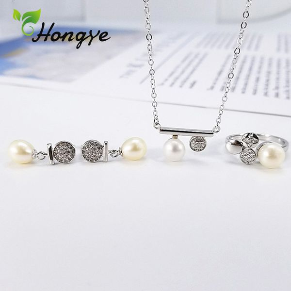 

hongye natural pearl ring 3 шт. модные серебряные 925 комплект ювелирных изделий женщины классический регулируемый циркон ожерелья свадебный, Black