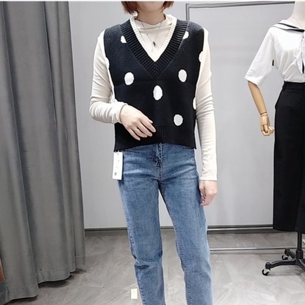 

women sleeveless pullover fall 2019 korean style vintage polka dot v neck knitted sweater vest black red knitwear t418, Black;white