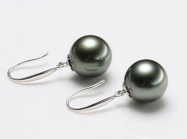 

un par de gran 11-12mm tahitian negro perfecto redonda perla pendiente de plata 925, Silver