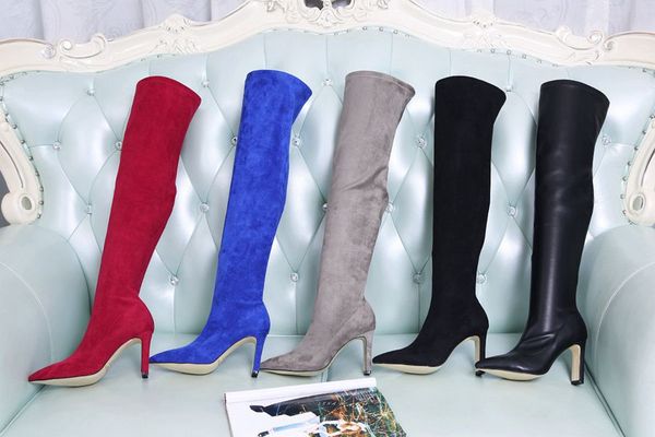 

winter thigh high woman stretch boots fashion pointed toe thick heel zip gray black over the knee boots high heels size 35-40