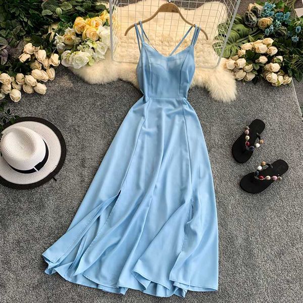 

casual dresses ftlzz 2021 ladies v neck spaghetti strap summer backless split slim long dress women beach holiday vestidos, Black;gray