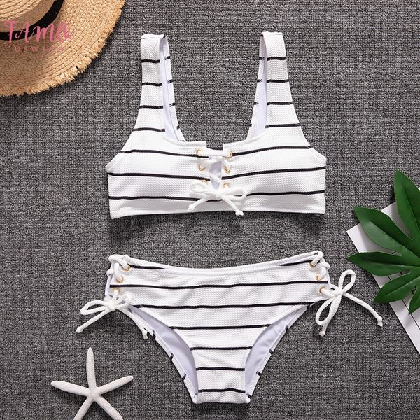 

white stripe bandage bikinis women lace up tube bathing suit swimwear beach push up padded high waist swimsuit biquini, White;black