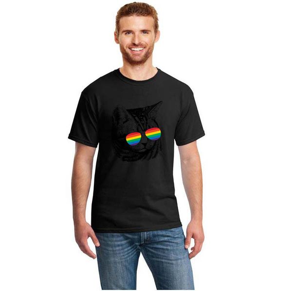 

vintage rainbow cat tshirt outfit men t shirt round collar casual tshirts men and women hiphop top, White;black