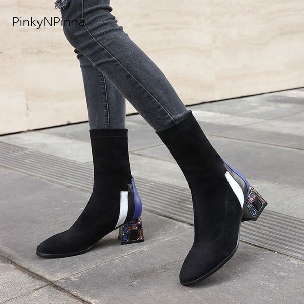 

designer women stretchy flock ankle boots slip on soft black crystal rhinestone heels office party dress shoes autumn plus size