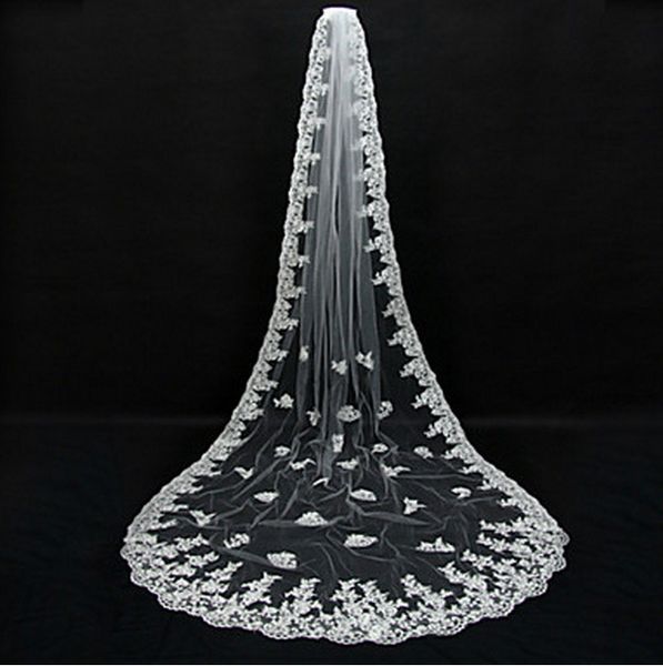 

nice-looking amazing one-layer lace applique edge chapel length white ivory wedding veil fashional meidingqianna brand bridal veil, Black