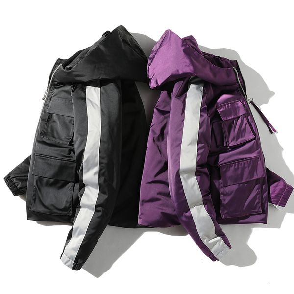 

new winter multi-pocket coat men's fashion contrast color parka men casual thick warm hooded coat street loose cotton jacket, Black