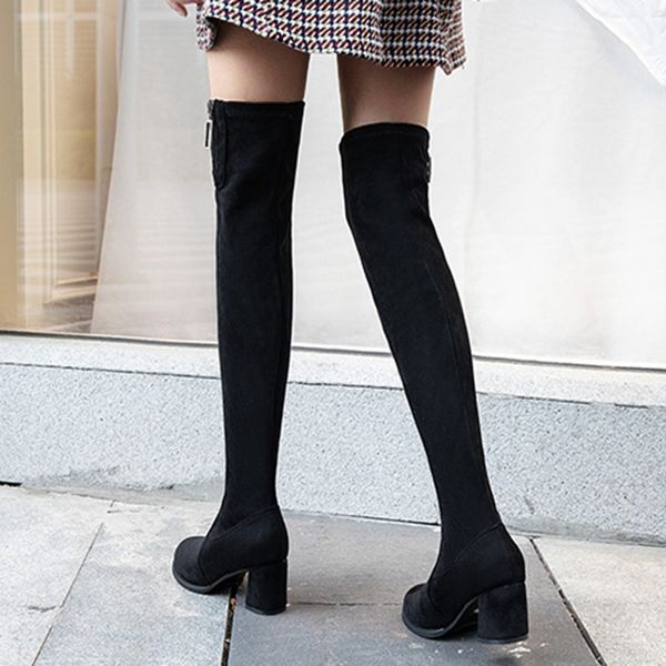 

high tube women winter pedant over kneeth length pendant zipper boots flock upper round toe square heels long boots botas mujer, Black
