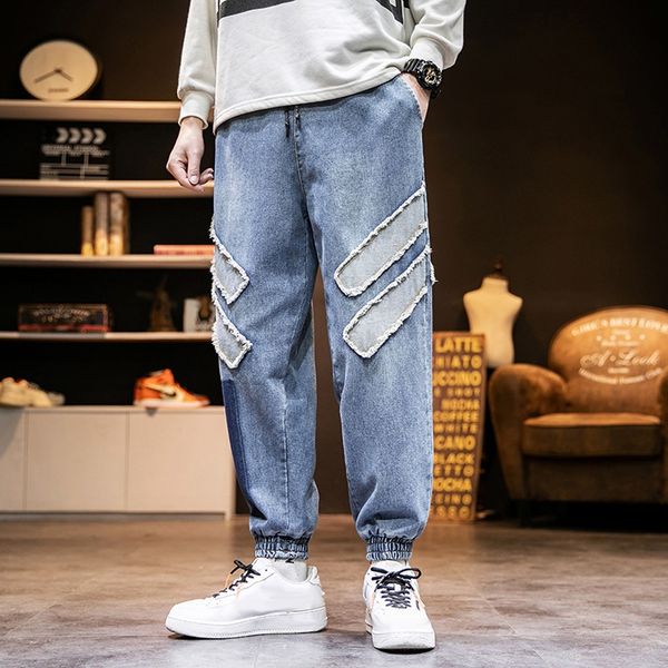 

thin summer men cowboy casual pants patchwork sweatpants male cargo pants multi-pocket casual wear mens joggers 5xl#g20, Blue