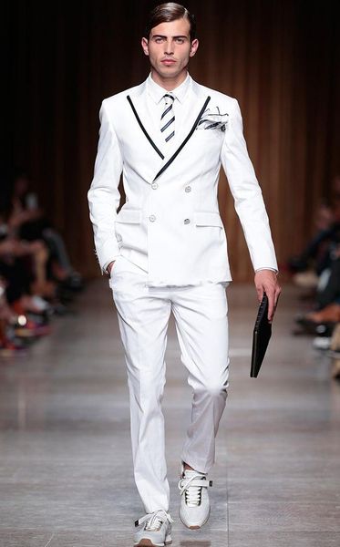 Bonito White Men Wedding Tuxdos trespassado Noivo Smoking Excelentes Men Jacket Blazer 2 Piece Suit (Jacket + Calças + Tie) 2679