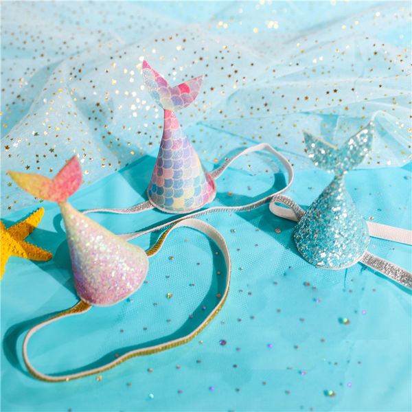 

1pc mermaid tail hat baby shower party glitter colorful crown headband 1st birthday party decoration hat girl hair accessories