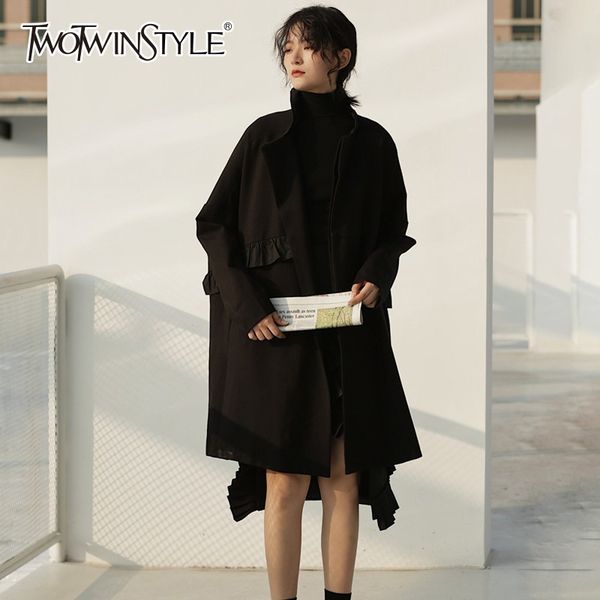 

twotwinstyle patchwork black coat female long sleeve stand collar asymmetrical womens overcoat plus thick fashion 2018 autumn, Black;brown