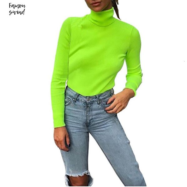 

женская мода turtuleneck трикотажные свитера женщин осень флуоресцентный зеленый зима повседневный длинным рукавом свитера пуловеры перевозк, White;black
