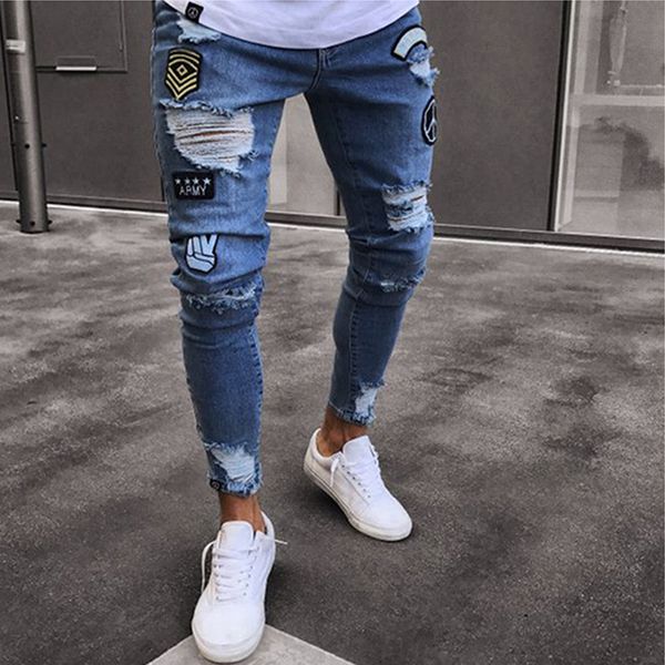 

2019 men's stretchy ripped skinny biker jeans destroyed slim fit denim pants mens elastic waist harem pants men jogger s-4xl, Blue